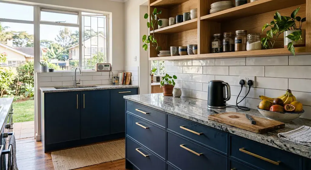 A fitted kitchen with panel doors and a granite worktop by AOG Interiors